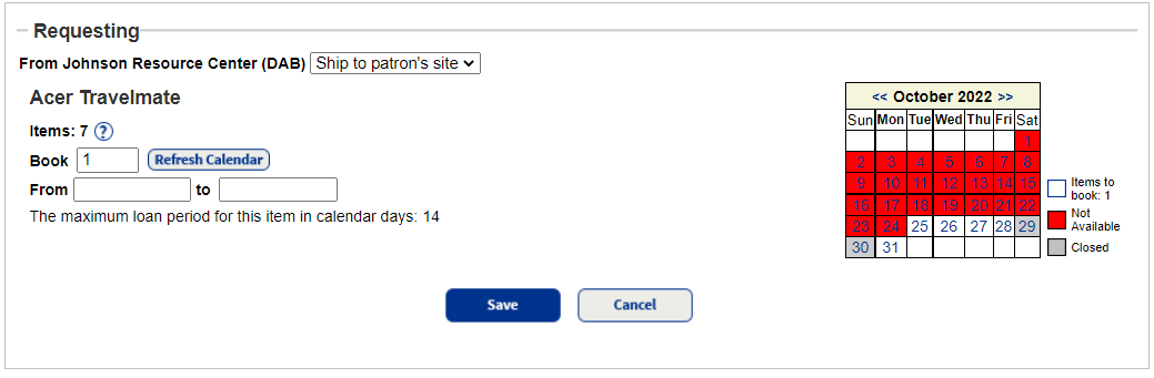 Advance Booking page from a patron's site.